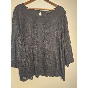 [Romantic] Attention Plus Lace Blouse Women 2X Black 3/4 Sleeve Floral Keyhole